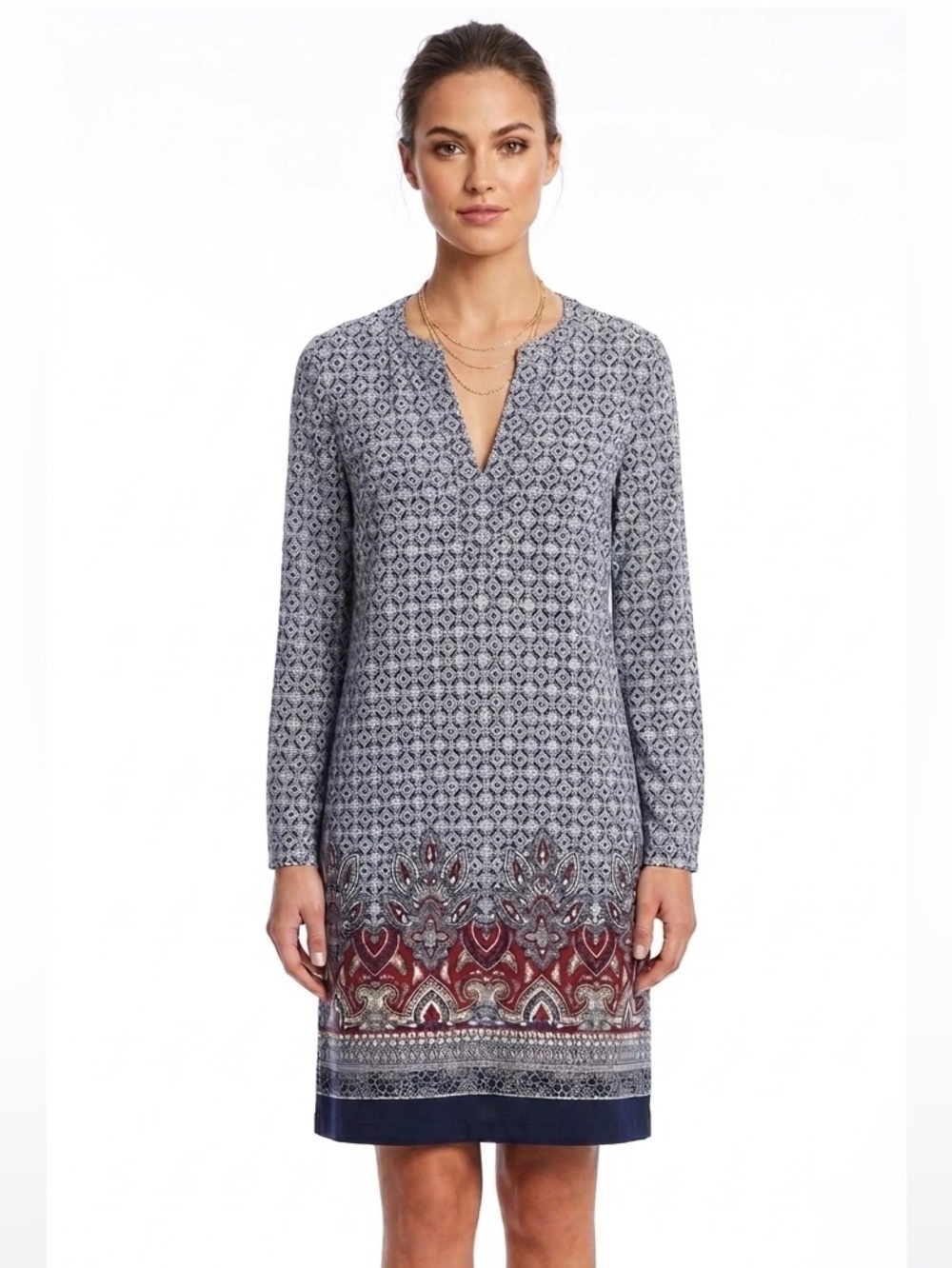Bohemian Patterned Long Sleeve Fully Lined Tunic Mini Dress